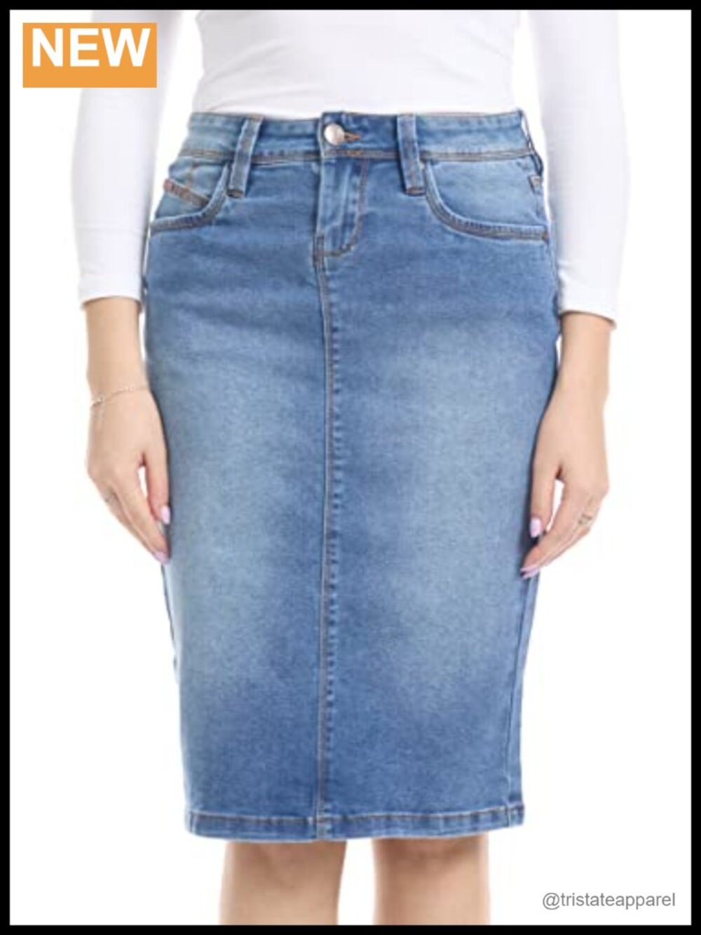 Knee-Length Denim Pencil Jean Skirt with Pockets